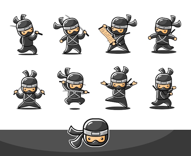 Little black ninja with eight different poses and actions