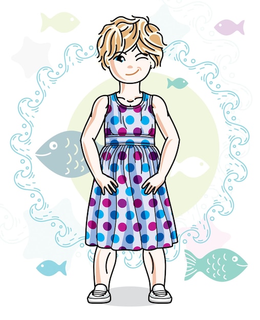 Little blonde girl toddler standing in fashionable casual clothes. Vector kid illustration. Sea fauna theme.