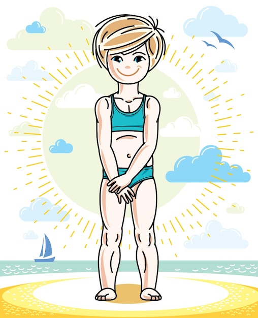 Little blonde girl toddler standing on sunny beach and wearing swimming suit. Vector kid illustration. Summer holidays theme.