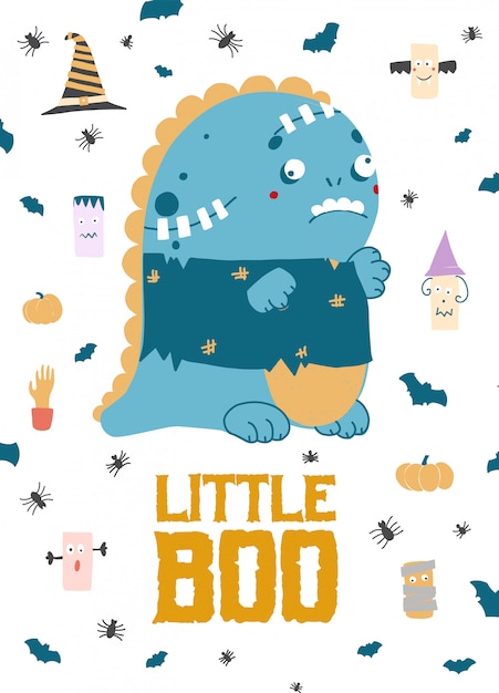 Little boo. Cute zombie dinosaur, halloween card.  flat illustration. t-shirts illustration.