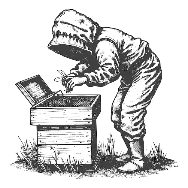 Vector little boy beekeeper in action with engraving style