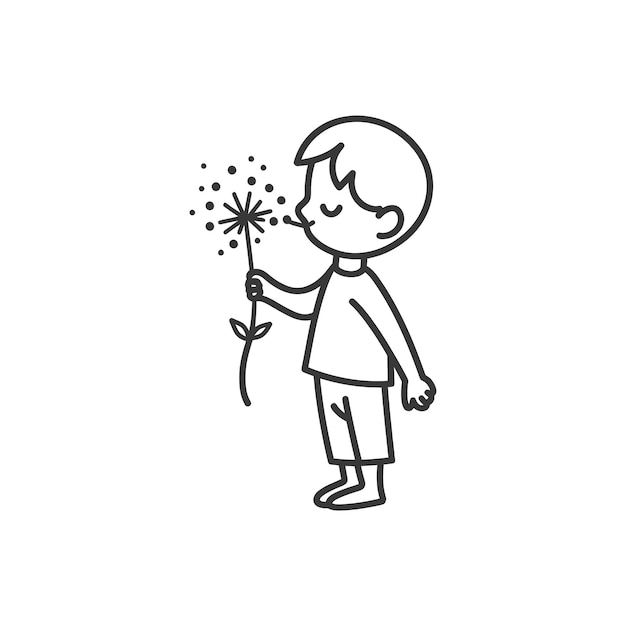 little boy blows dandelion flower minimalist line art icon logo symbol