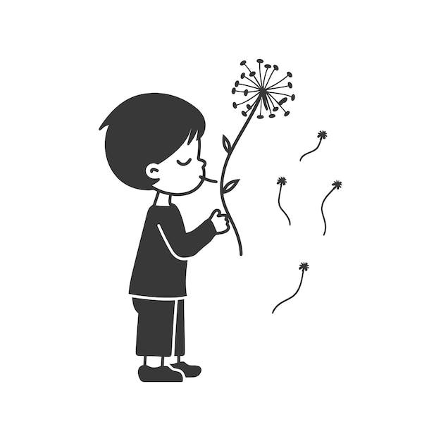 little boy blows dandelion flower minimalist line art icon logo symbol