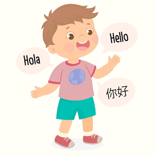 Little boy can speaking multilingual saying hello in several languages