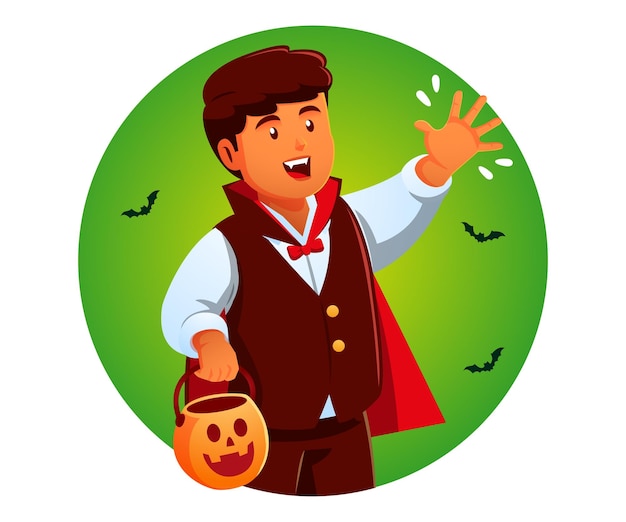 little boy celebrating happy halloween wearing dracula uniform