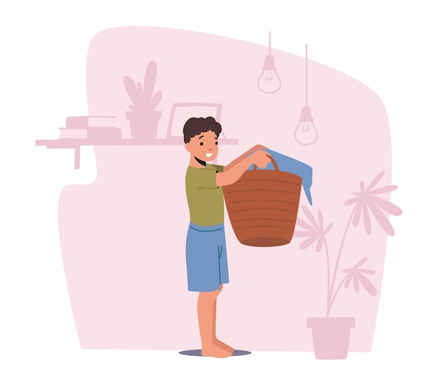 Vector little boy character holding basket with linen ready for washing in laundry son help to parents doing housework