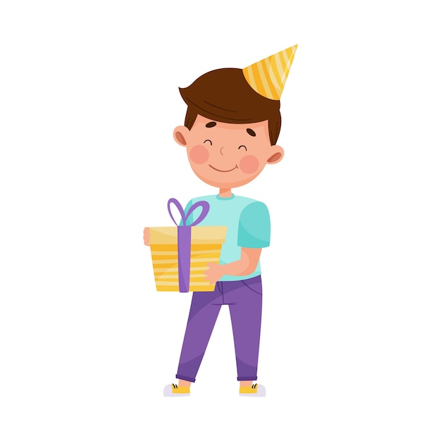 Little boy character with birthday hat holding gift box vector illustration