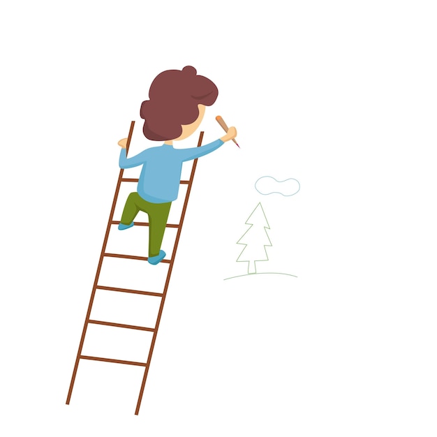 A little boy climbed a ladder and draws a landscape with a pencil Vector cartoon illustration