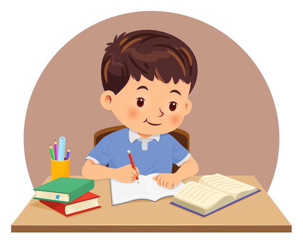 Little boy doing homework by read and writing on his desk Vector illustration