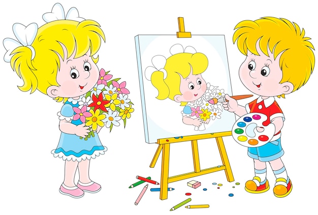 Little boy drawing a portrait of a happy cute girl with flowers