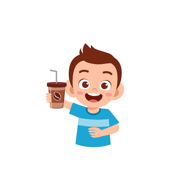 Little boy drink hot coffee and feel happy