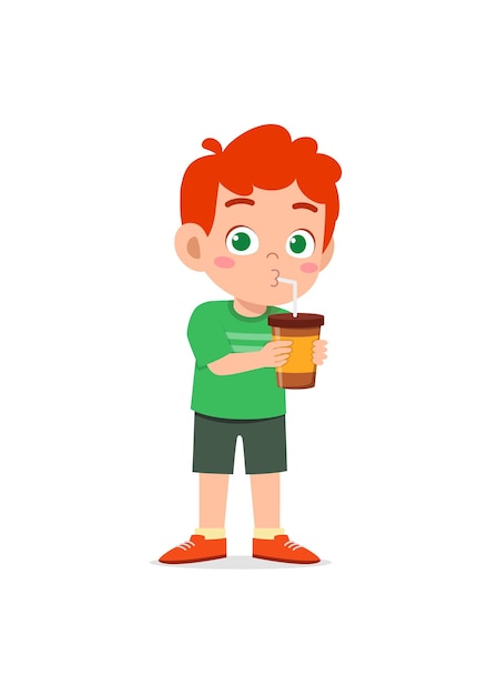 Little boy drink hot coffee and feel happy