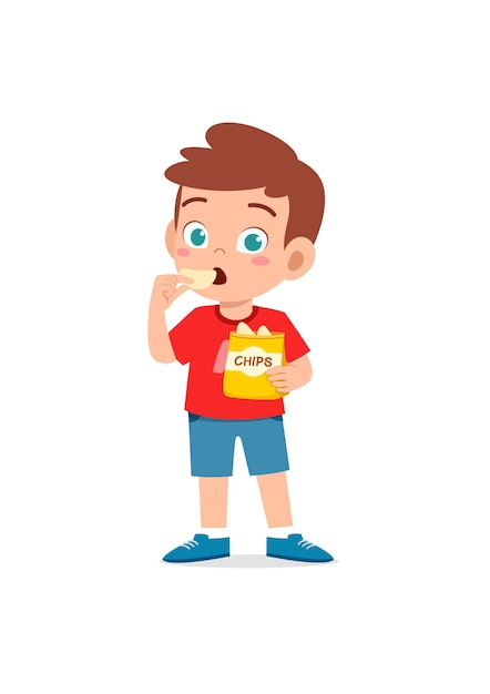 Little boy eat potato chips and feel happy