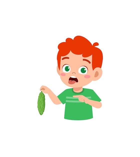 Little boy feel not happy when eat bitter gourd