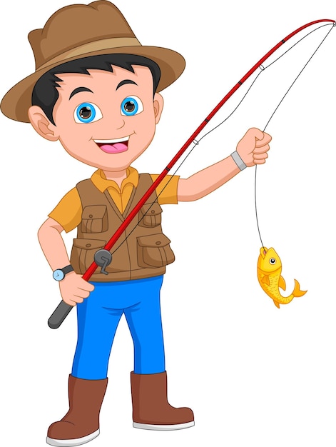 little boy fishing on white background