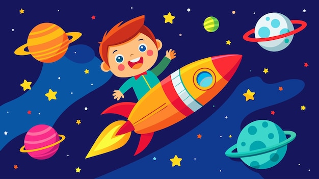 Little Boy Flying on Rocket With Planets