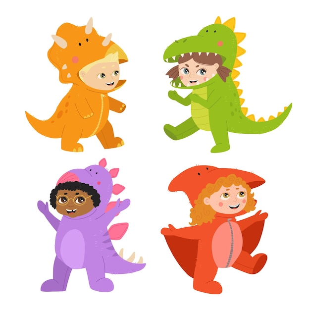 Little boy and girl dressed in jumpsuit kigurumi in form of dinosaurs Boy in triceratops and stegosaurus costume and girl in t rex and pterodactyl Cozy dino pajamas Cartoon flat vector illustration