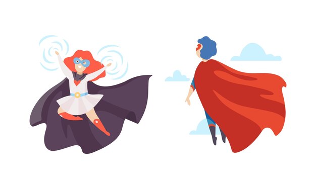 Vector little boy and girl in superhero cloak and mask having superpower flying vector set