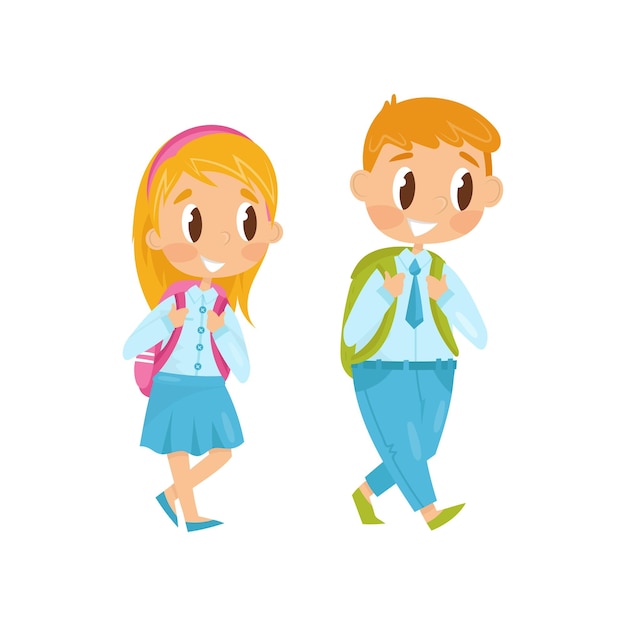 Vector little boy and girl walking on study first school day kids in formal clothes with backpacks on shoulders flat vector design