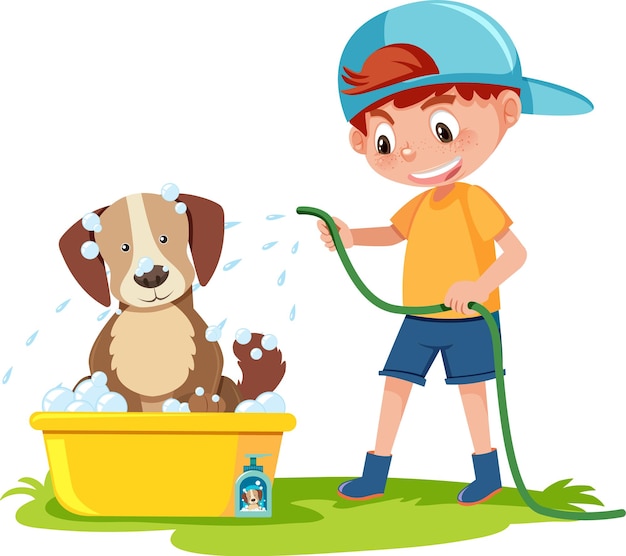 Little boy giving dog a bath