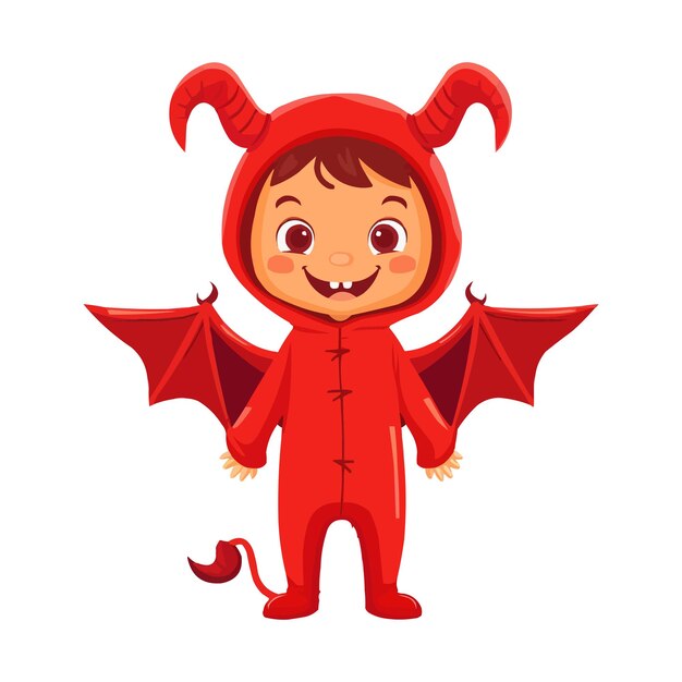 Vector little boy in halloween red devil costume isolated on white background