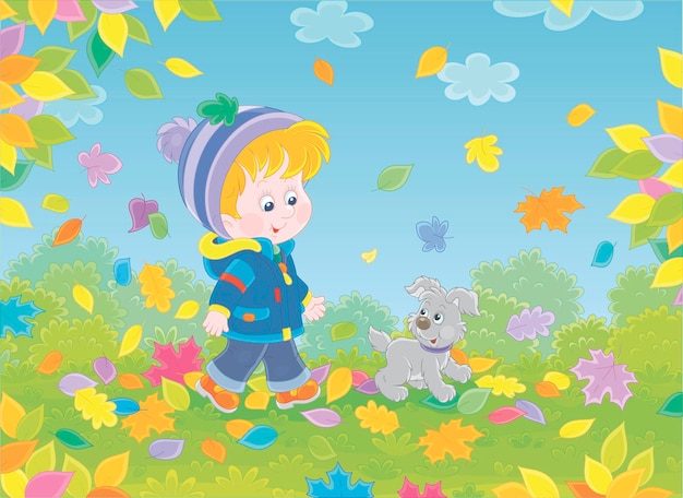 Little boy and his merry pup walking on colorful fallen leaves around a beautiful autumn park