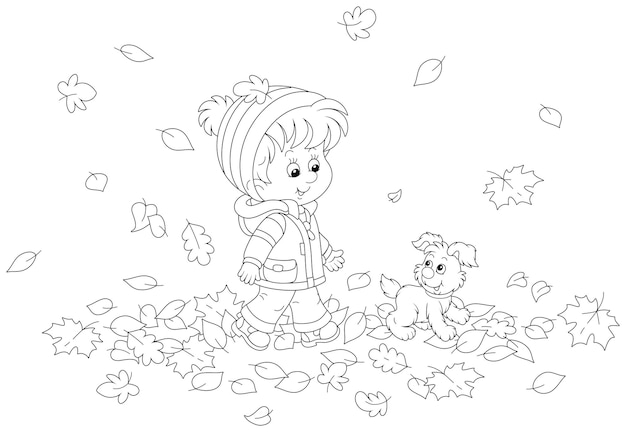 Little boy and his merry pup walking on fallen leaves around a beautiful autumn park