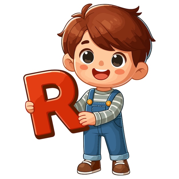 Little boy holding alphabet letter R vector kids english learning concept