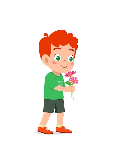 Little boy holding flower and sniff the scent