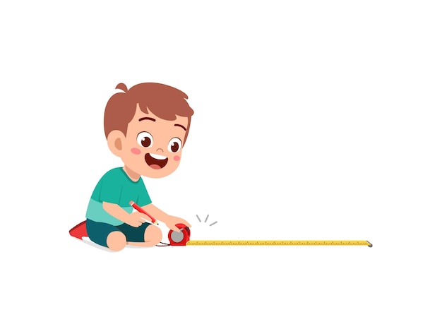 Little boy holding measure tape and check length