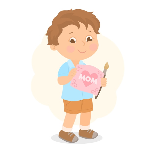 Little boy holding mothers day greeting card