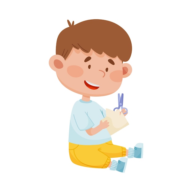 Little boy holding scissors doing paper craft vector illustration