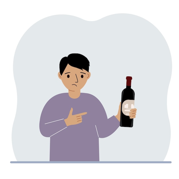 Vector a little boy holds a bottle of wine in her hand the concept of alcohol abuse alcohol addiction by minors