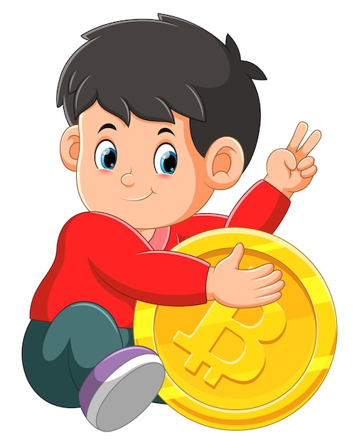 The little boy is hugging the big bitcoin while sitting and posing