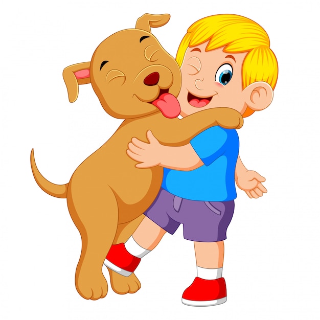 a little boy is playing and holding his big dog