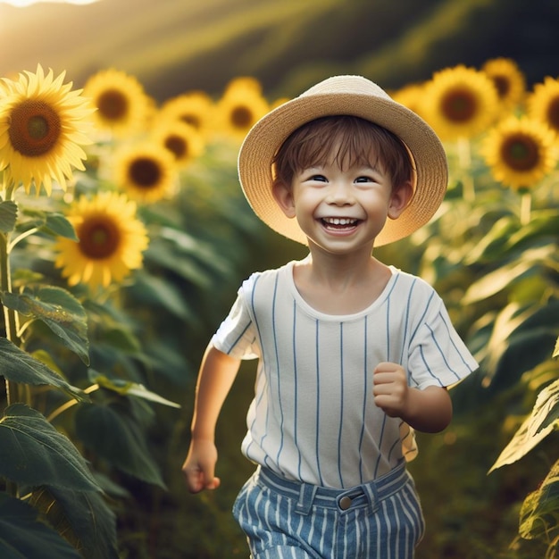 a little boy is running in a field of sunflowers