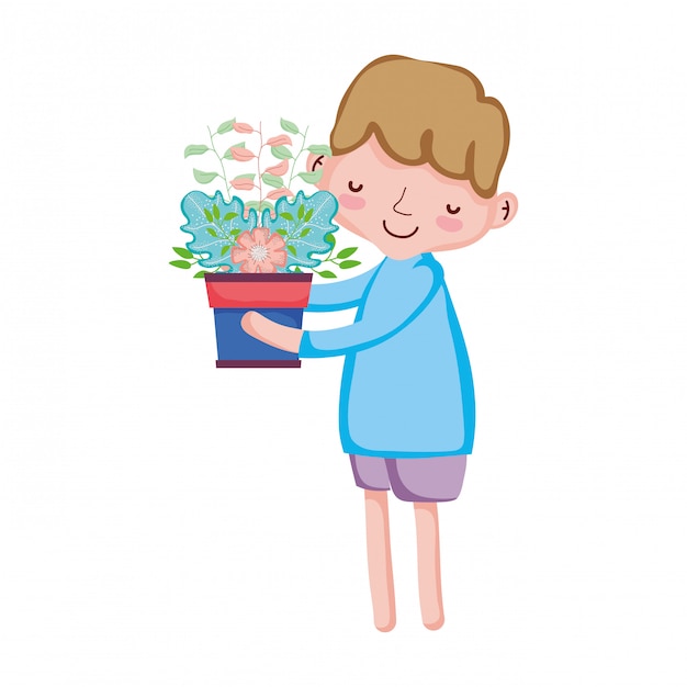 Little boy lifting houseplant