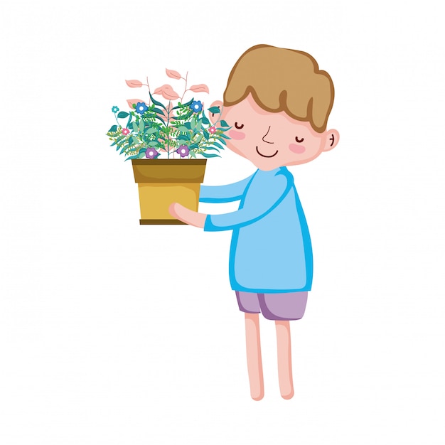 Little boy lifting houseplant