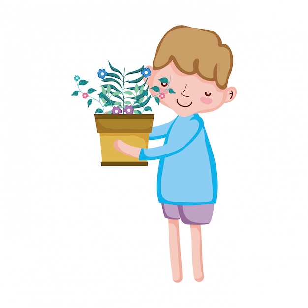 Little boy lifting houseplant