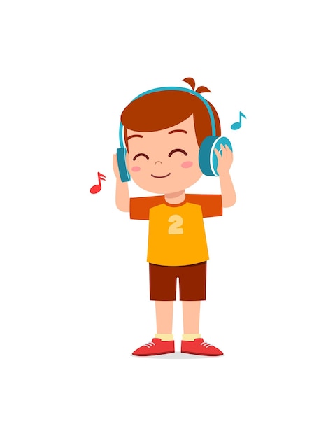 Vector little boy listening music from the smartphone