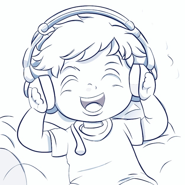 little boy listening to songs with headphones vector illustration line art