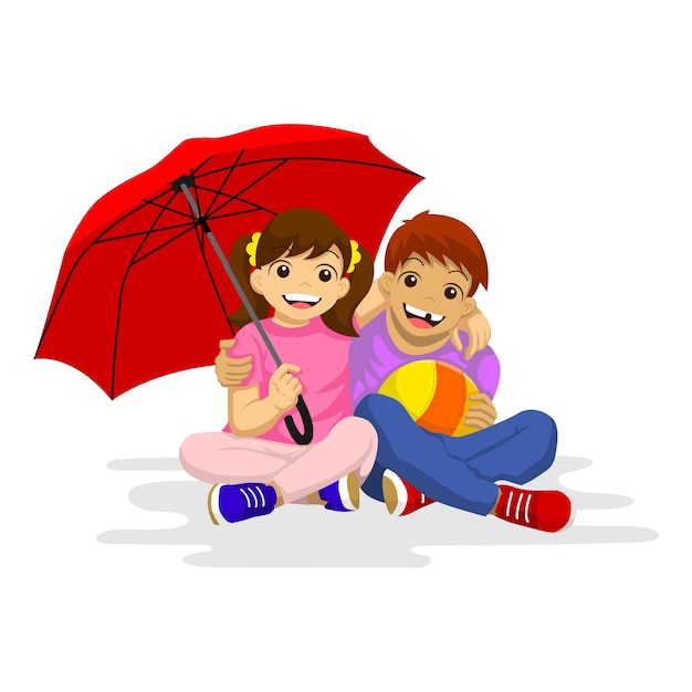 Little boy and little girl sitting together. Smiling with a red umbrella