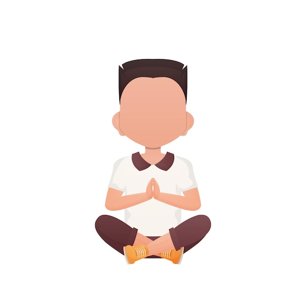 Little boy meditates with yoga Isolated Cartoon style