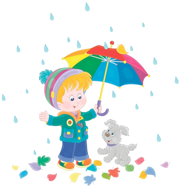 Little boy and merry pup hiding from the rain under an umbrella while walking through fallen leaves