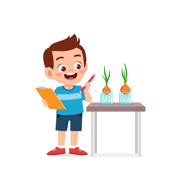 Little boy observe plant growing in garden