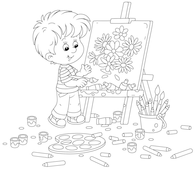 Little boy painter drawing summer flowers on his easel with a paintbrush paints and pencils