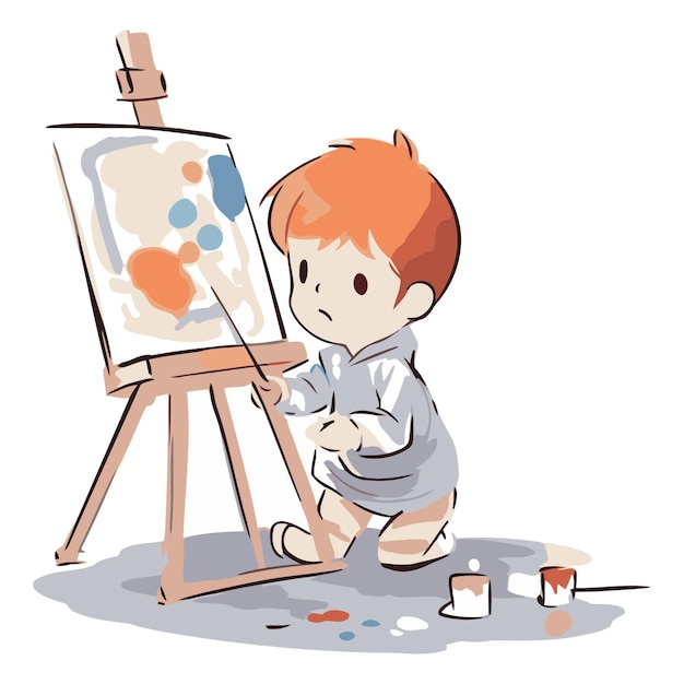 Little boy painting a picture on the easel