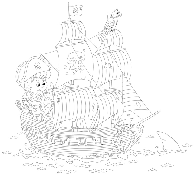 Little boy playing a sea pirate on a toy sailboat