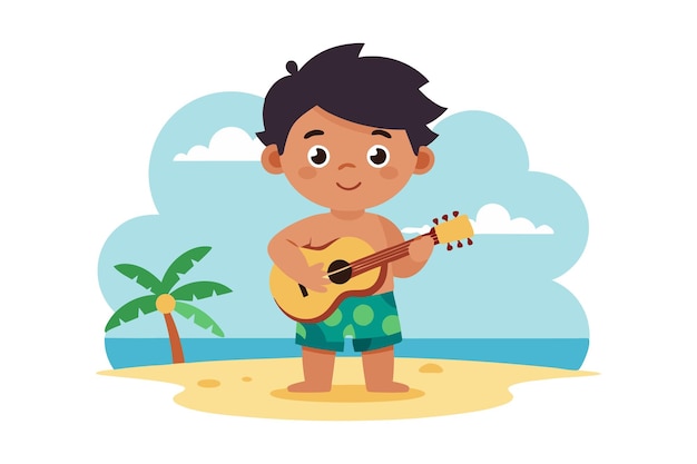 Little Boy Playing Ukulele on Sunny Beach