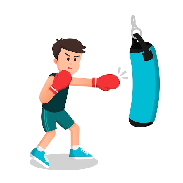 little boy practicing boxing by punching a bag